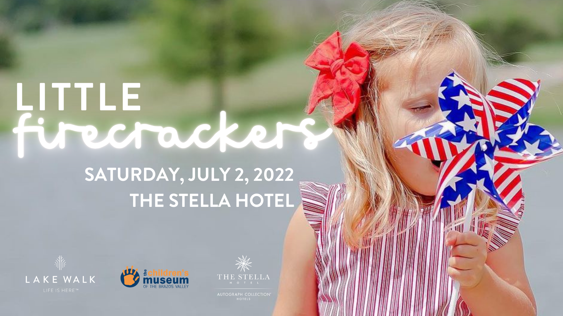 event cover photo featuring a little girl blowing a patriotic windmill