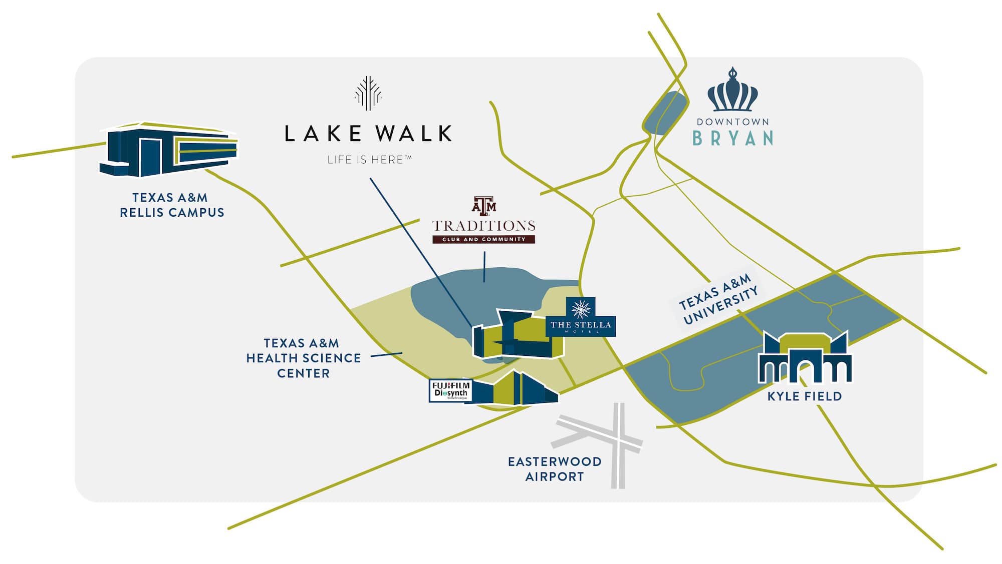 Lake Walk regional map showing nearby Bryan-College Station landmarks